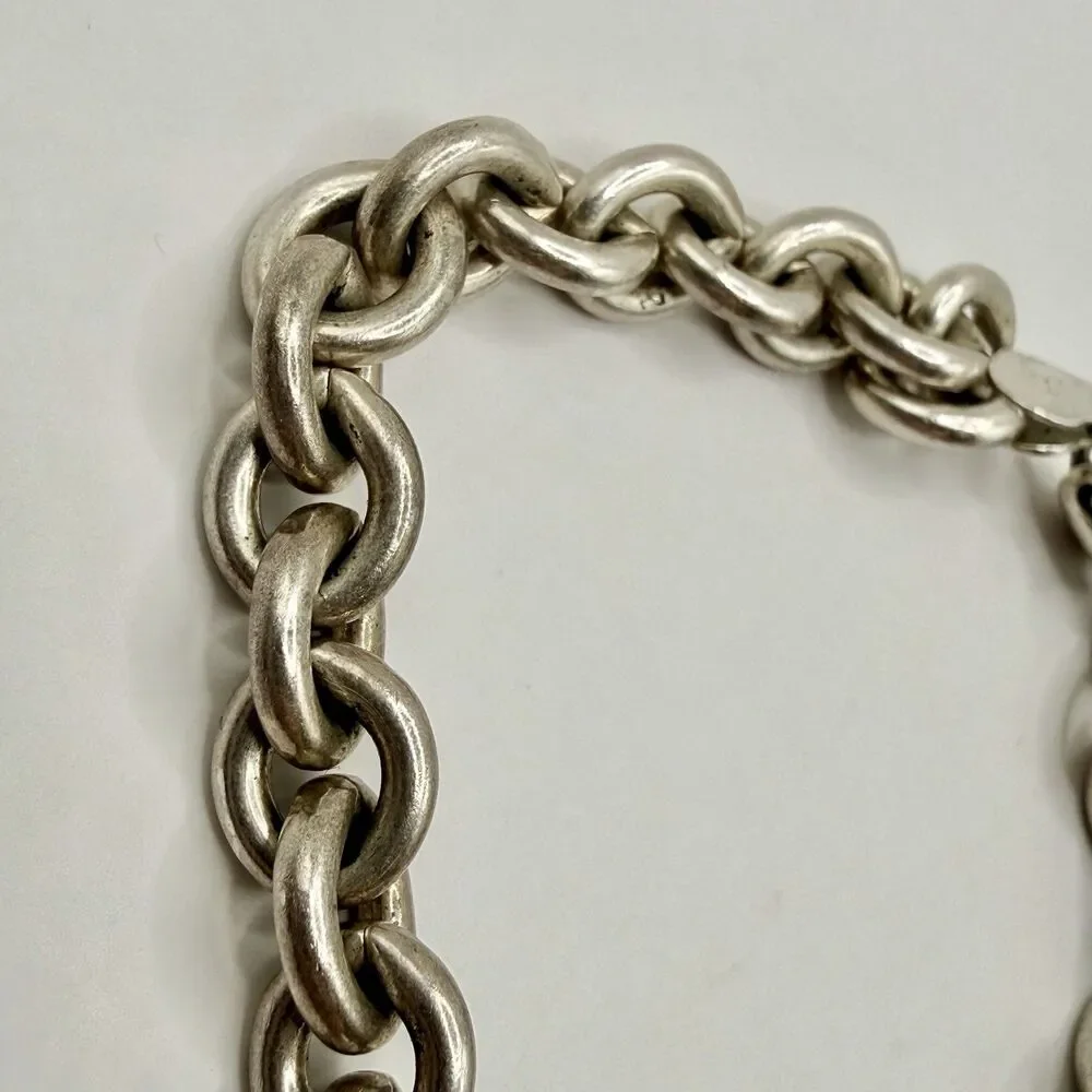 Vintage Judith Jack 14k Gold Heart Tag 925 Silver Rolo Link Chain Charm Bracelet